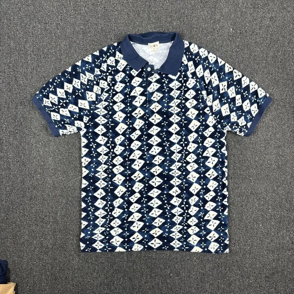 J. Crew Polo Shirt Navy Blue Terry Cloth Ikat Print Casual BZ389 Size Medium